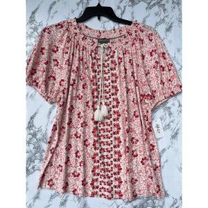 Style & Co Womens Floral Shirred Peasant Blouse 2X White/Red Short Sleeve runway